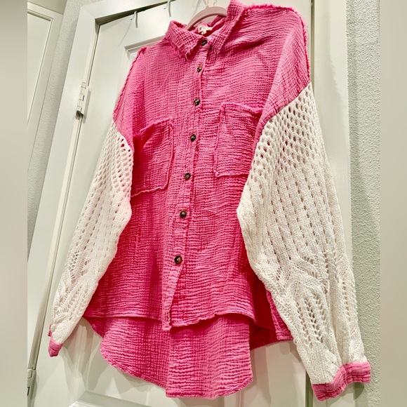POL Pink Button-Down Shirt with Cream Crochet Sleeves. New No Tags Size L - Picture 2 of 8